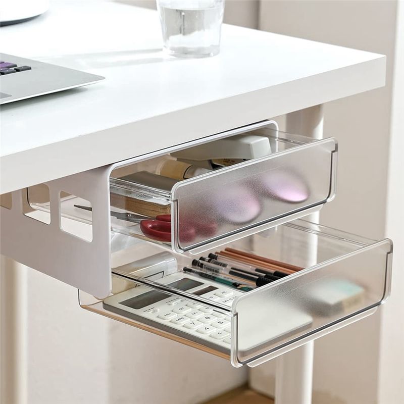 Under Desk Storage Drawer Slide Out, Self-Adhesive Organizer, Attachable Drawer Organizer with 2 Layers White