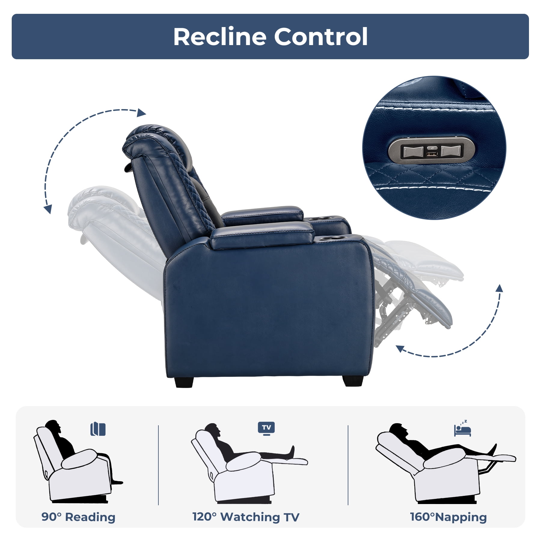 Bonzy Home Electric Recliner Chair with LED Lighting, Adjustable Headrest, USB Ports & Cup Holders, Hidden Arm Storage, Home Theater Seating Reclining Chair, Blue