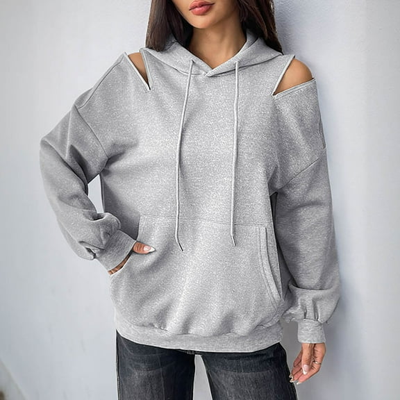 Brondbend Womans Hoodie Women's Hoodies Pullover Long Sleeved Off the Shoulder Pockets Pullover Solid Color Comfy Stylish Oversized Tops Lady Holiday Running Fall Winter Wear Gray