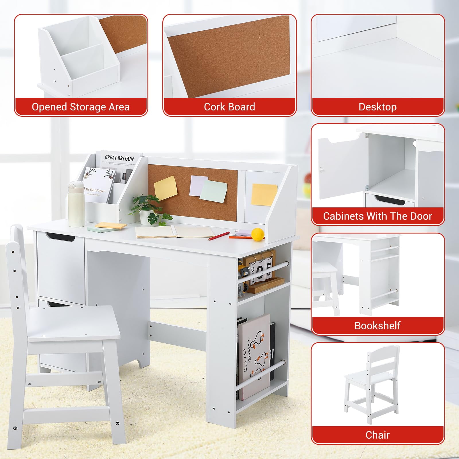 TROPOW Kids Study Desk and Chair Set, Wooden School Learning Table with Storage, Hutch and Bulletin Board, Children Computer Desk with Chair, Small Toddler Desk for Home, School, White