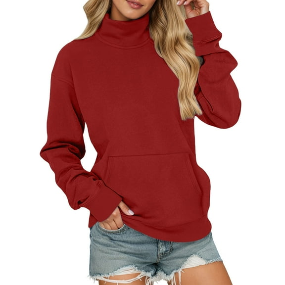 Arlun,Lightweight Hoodless Sweatshirts for Women Oversized Long Sleeve Turtleneck Tops Casual Loose Fit Solid Color Basic Pullovers with Pockets 2055 Fall Outfits Red XL