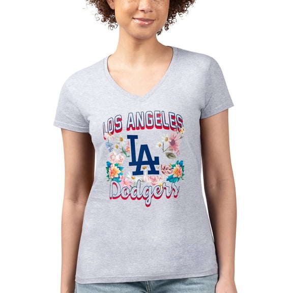 Women's G-III 4Her by Carl Banks Heather Gray Los Angeles Dodgers Super-Slim Fit Lightweight Flowers Graphic V-Neck