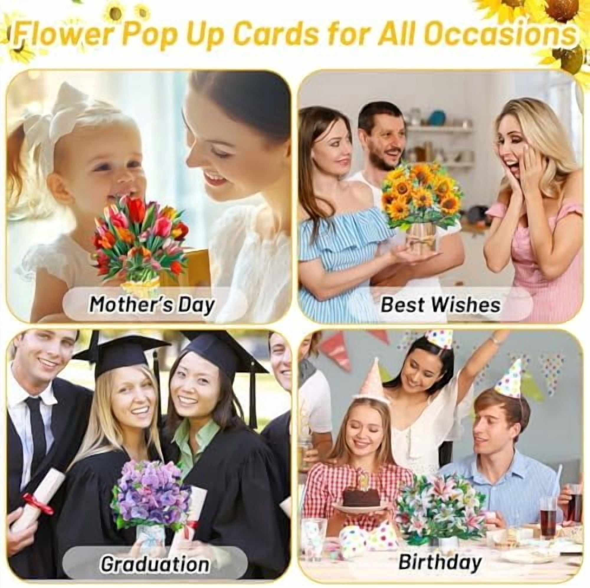 4Pack Paper Flower Cards, Pop Up Flower Bouquet Card Popup Greeting Cards for Mother's Day, Congratulations, Graduation, Anniversary, Birthday, Get Well, Home Decor, Ceramic Flower Vase Style