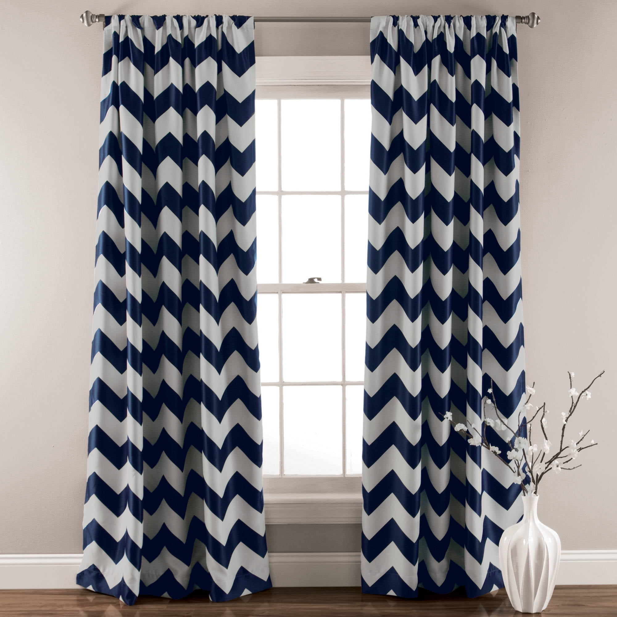 Chevron Blackout Navy Window Curtain, Set of 2