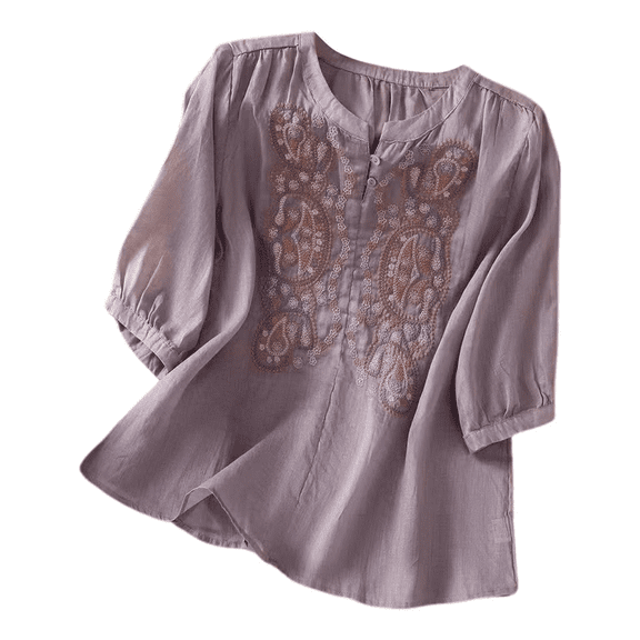 Women Vintage 3/4 Sleeve Embroidered Cotton Linen Shirts Bohemian Tops Floral Blouses Loose Floral Gauze Summer Boho T Shirts Loose Boho Tunics