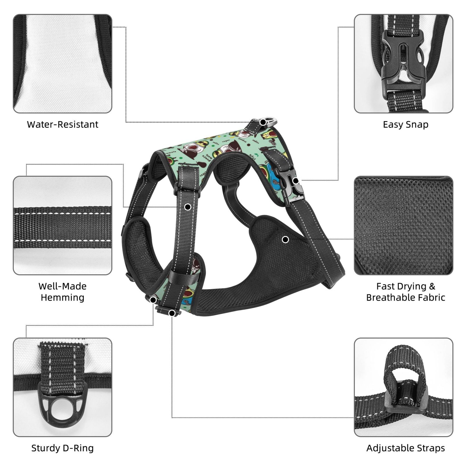 Vsdgher Green Cute Avocado Dog Harness, No-Pull Pet Harness, Dog Vest, Pet Vest for Small to Large Dogs-Small