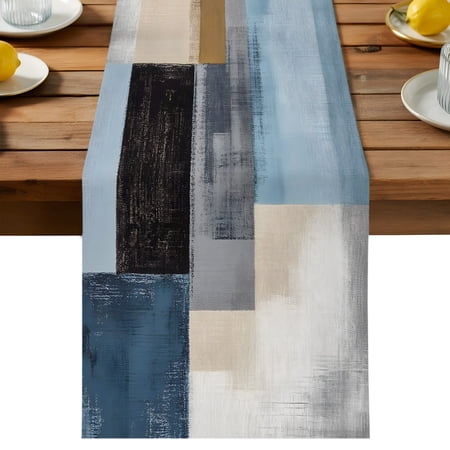 Abstract Color Stitching Table Runner Gary Blue Graffiti Art Cotton Linen Table Cloth Tablerunner for Kitchen Dining Party Wedding Home Decor 13x36 Inch