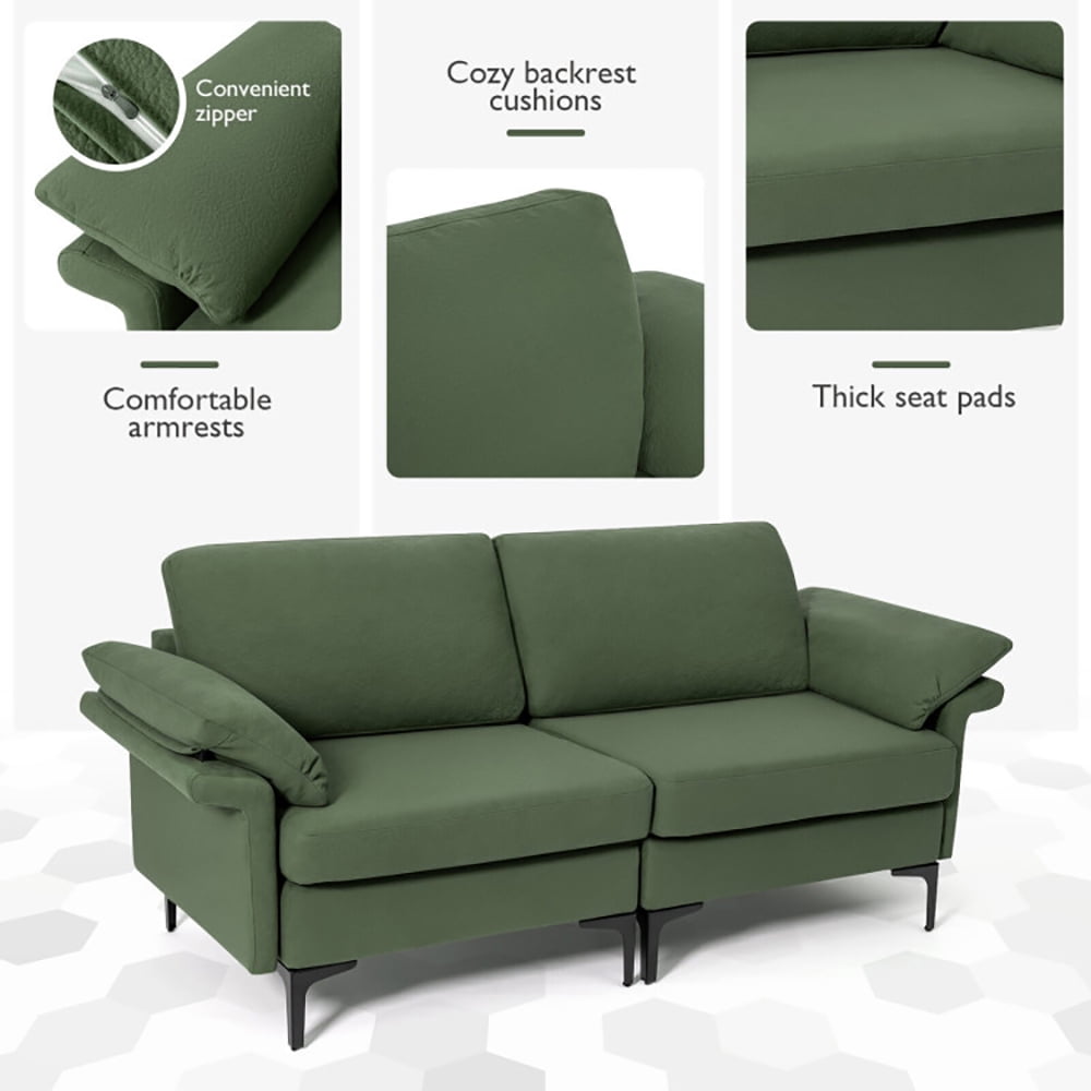 Finihen Loveseat Sofa, Modern Fabric Loveseat Sofa for with Metal Legs and Armrest Pillows, for Living Room, Bedroom, Army Green