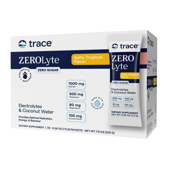 Trace Minerals ZeroLyte - Sodium & Electrolyte Replenishment - Energy & Hydration Support Drink Powder - Nerve & Muscle Function Support - Salty Tropical, 30 Packets (30 Servings)
