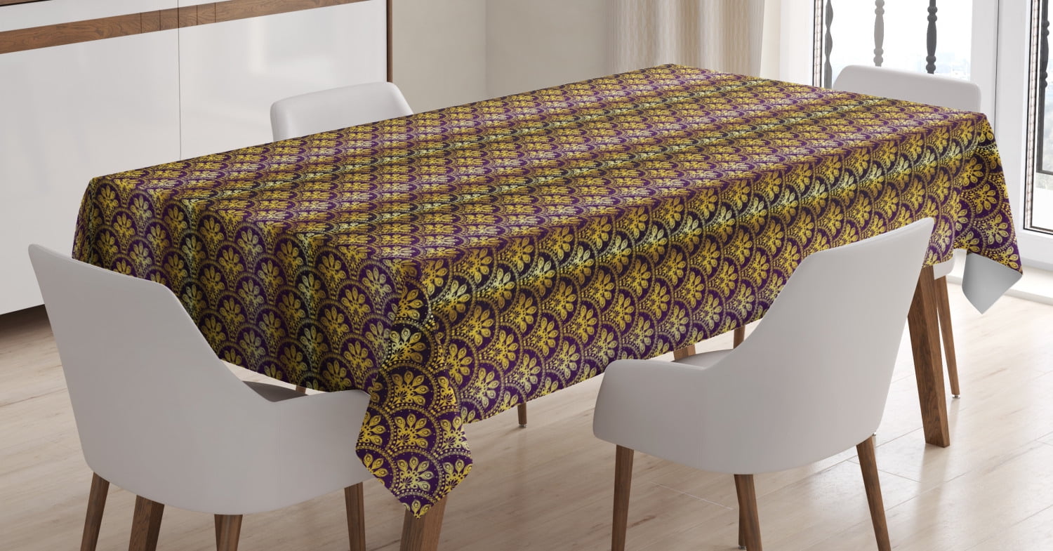 Yellow Damask Tablecloth, Fish Scale Style Traditional Eastern Peacock
