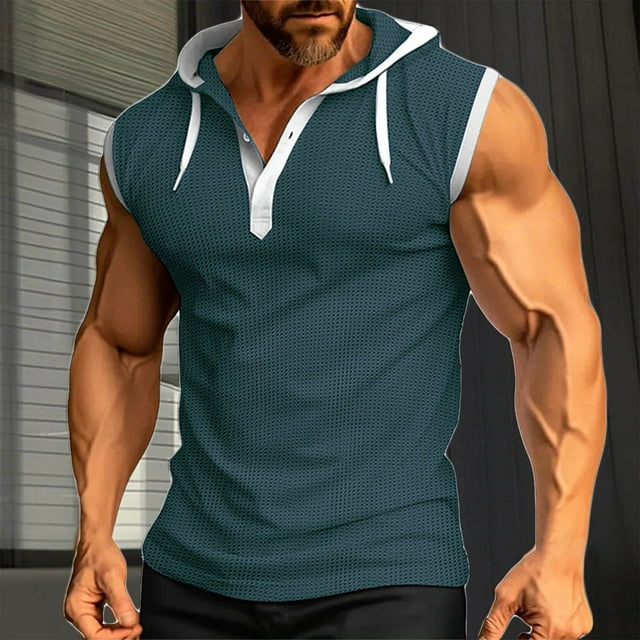 pstuiky Camiseta sin mangas para hombre, Blusa sin mangas con capucha y cuello redondo para hombre, con botones y parches de fitness de color Chaleco de hombre xxxl