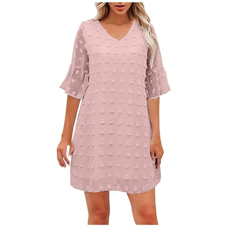 Ygbgbb Womens Plus Size Summer Dresses Frill Sleeve Dresses V-Neck Pleated Waist Casual Dresses Mini Dress Solid Color Pink S