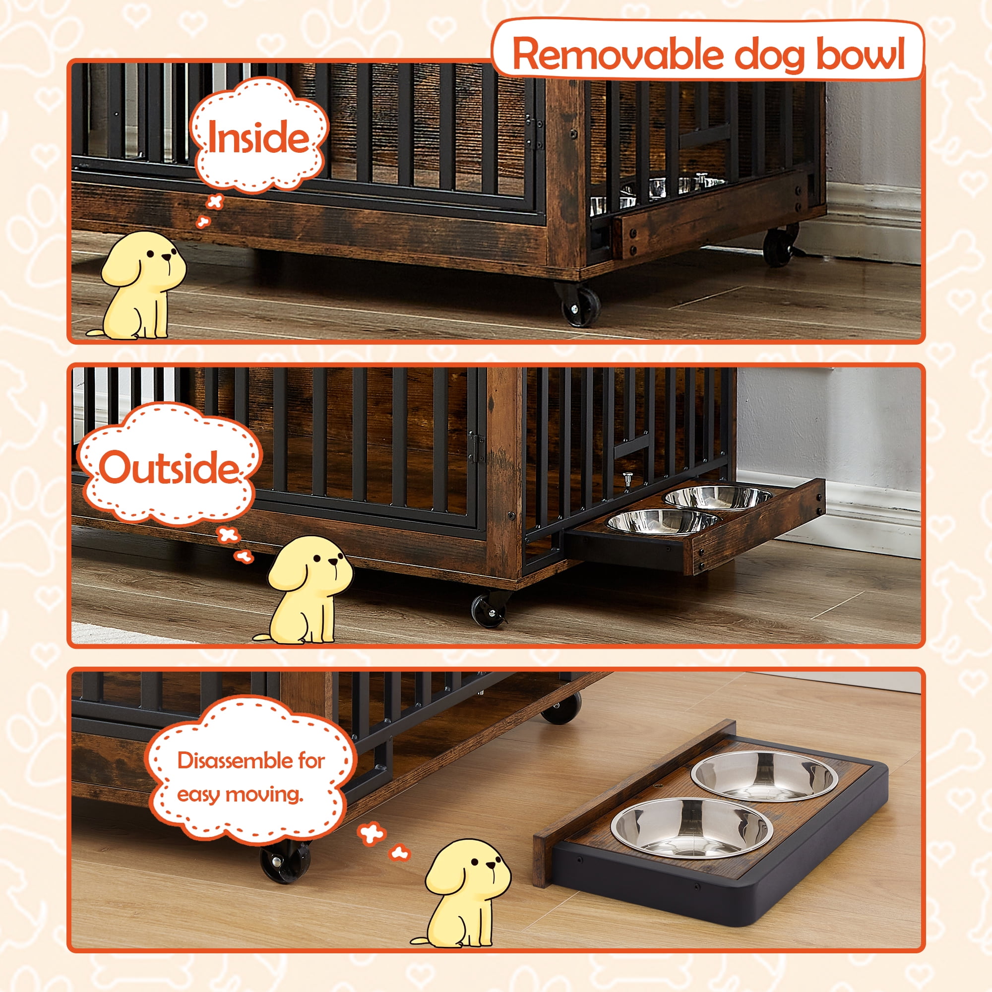 Pefilos 43" Dog Crate Furniture with Wheels, Wood Dog Cages for Medium Dogs, Double Door Dog Kennel, Dog House for Indoor, Brown Pefilos 43" Dog Crate Furniture with Wheels, Wood Dog Cages for Medium Dogs, Double Door Dog Kennel, Dog House for Indoor, Brown