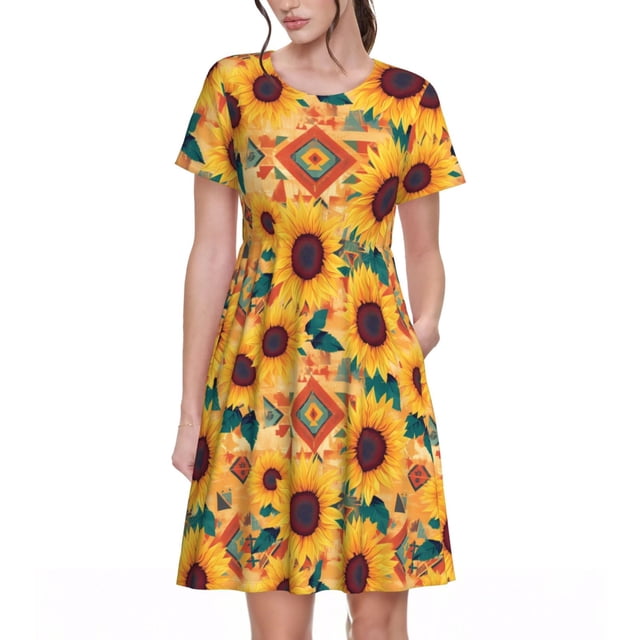 Balery Bohemian Sunflower Vestidos sueltos de manga corta para mujer, vestidos de verano 2025, vestidos casuales de corte A con vuelo.