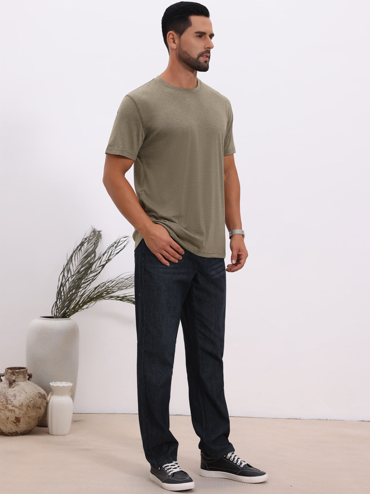DARING DIVA Men's Crew Neck Short Sleeve Solid Color Retro Style T-Shirt 2XL Khaki