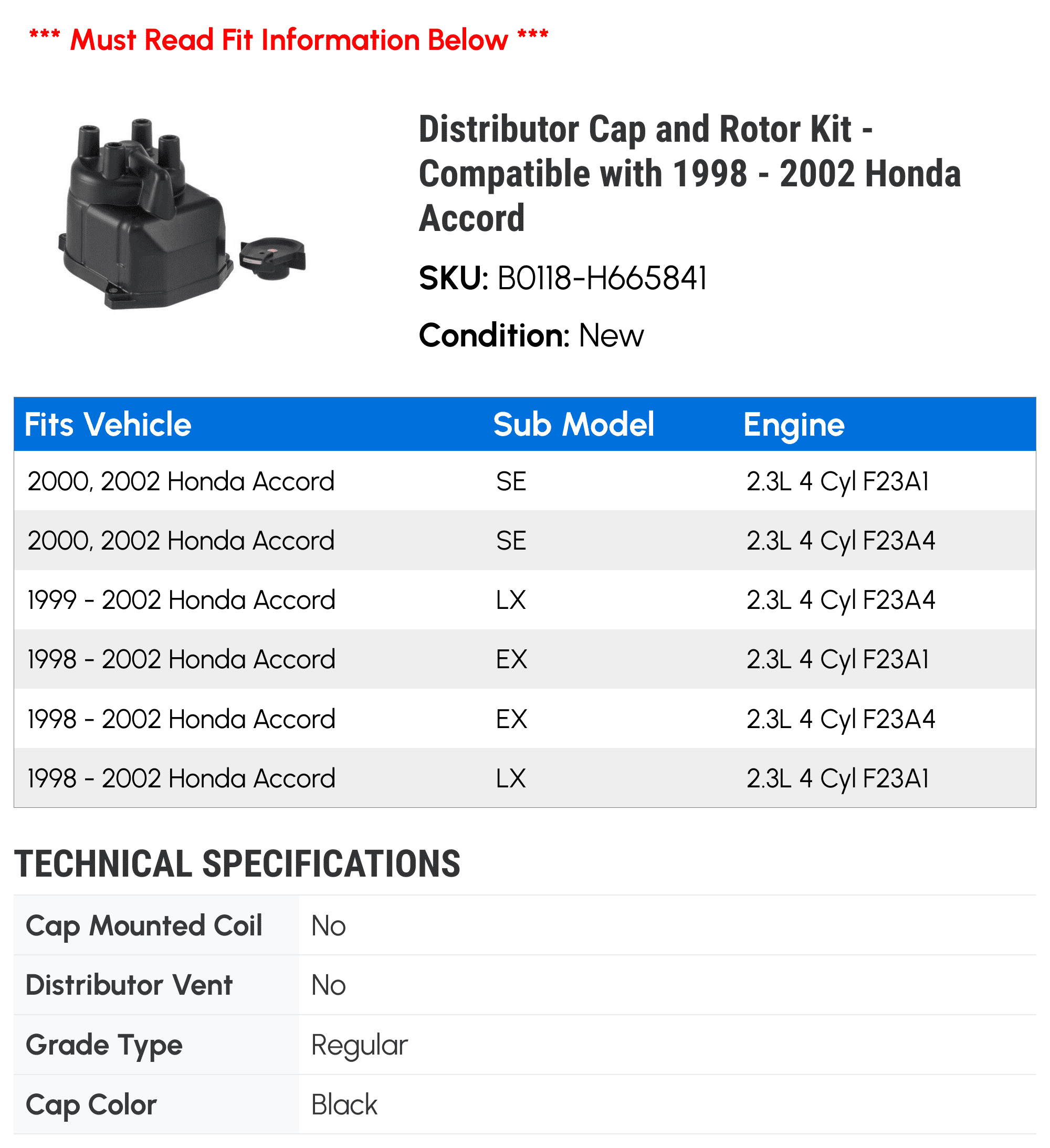 Distributor Cap and Rotor Kit - Compatible with 1998 - 2002 Honda Accord 1999 2000 2001