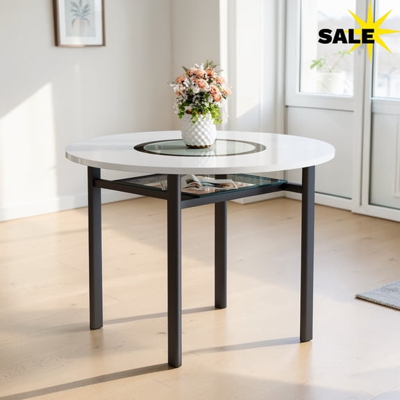 GZXS 42" Round Dining Table with Tempered Glass Insert Top and Lower Storage Shelf, Black Metal Legs, Modern Kitchen Table for 4-6 People, Easy Assembly, Brown Wood