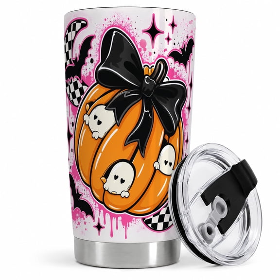 Black Bow Pumpkin Tumbler, 20oz Insulated Drinkware for Halloween Fans Stainless steel insulated tumbler with lid, black bow pumpkin and ghost art for water, iced coffee, tea, or desk