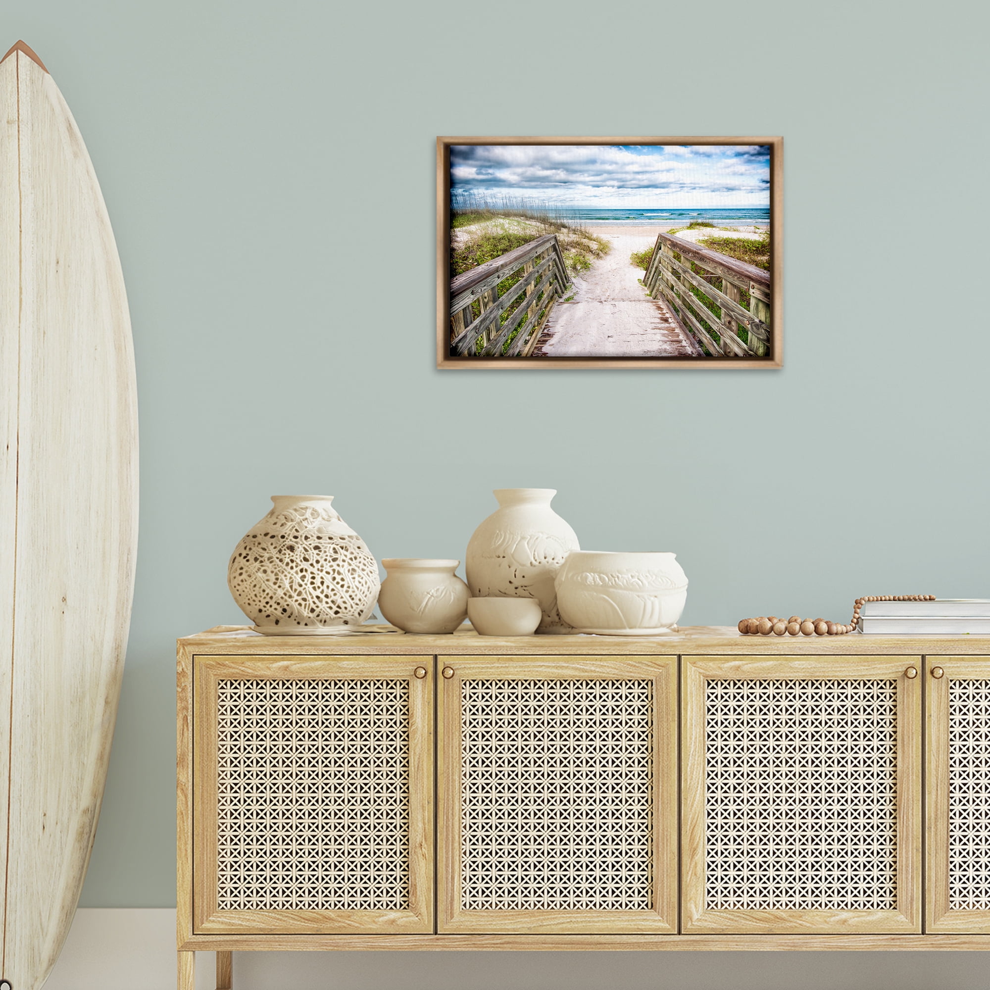 Stupell Industries Sandy Coast Boardwalk Nautical & Beach Photography Brown Floater Framed Canvas Art Print Wall Art, 25 x 17