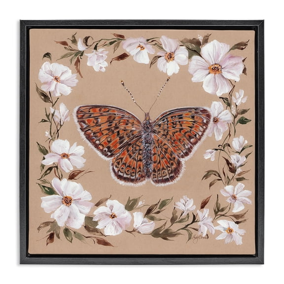 Stupell Industries Traditional Vintage Butterfly with Blossom Border Black Floating Frame Canvas Art, 18 x 18, by Cady Driver