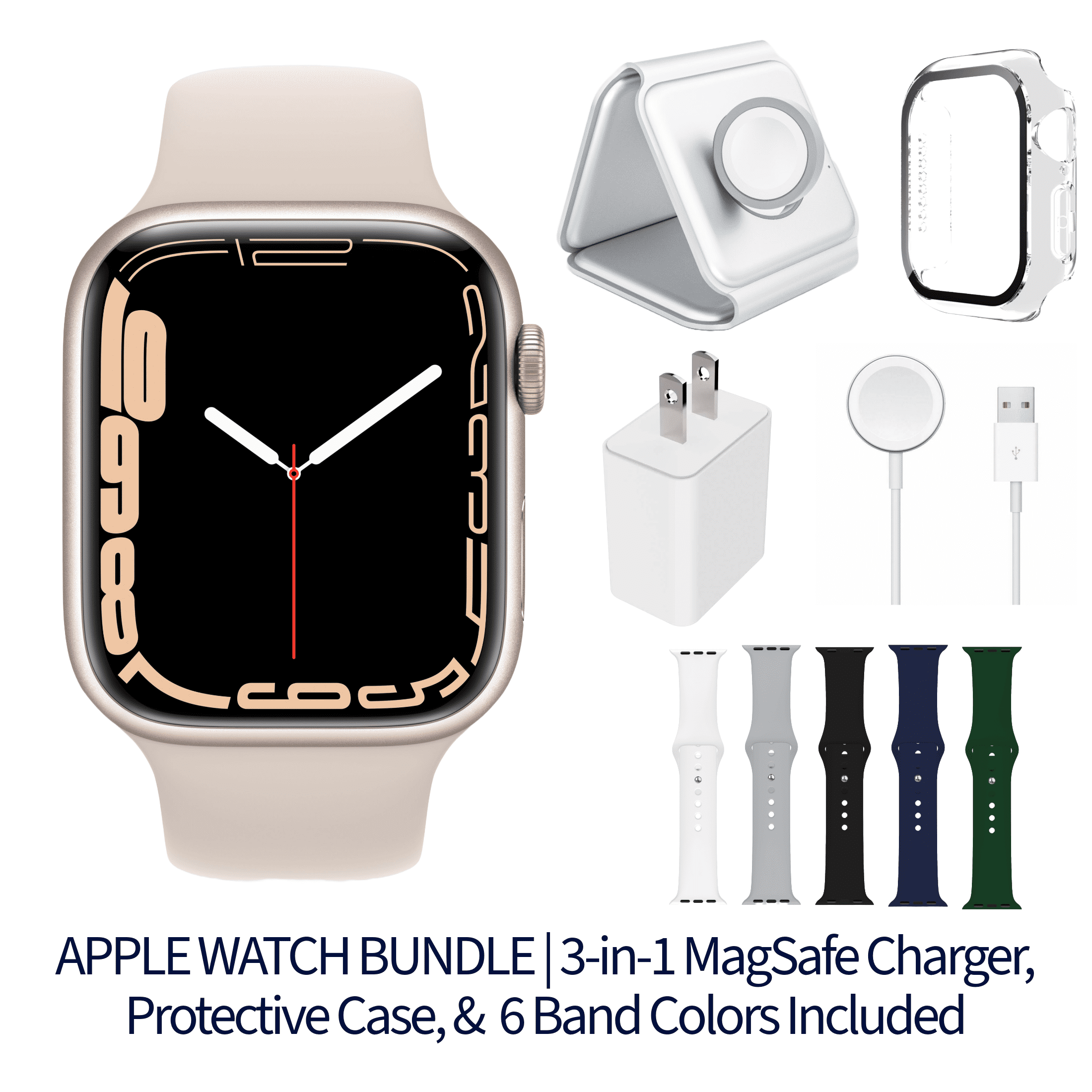 Restored Apple Watch Series 7 Bundle – 41mm GPS + Cellular Starlight (2021) – Magnetic Charger & Sport Band Included (Refurbished)