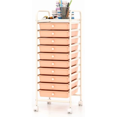 SKTPI 10-Drawer Rolling Storage Cart Utility Mobile Trolley with Removable Drawers & Universal Casters & 2 Brakes Versatile Flexible Drawer Organizer Cart for Home Office Peach