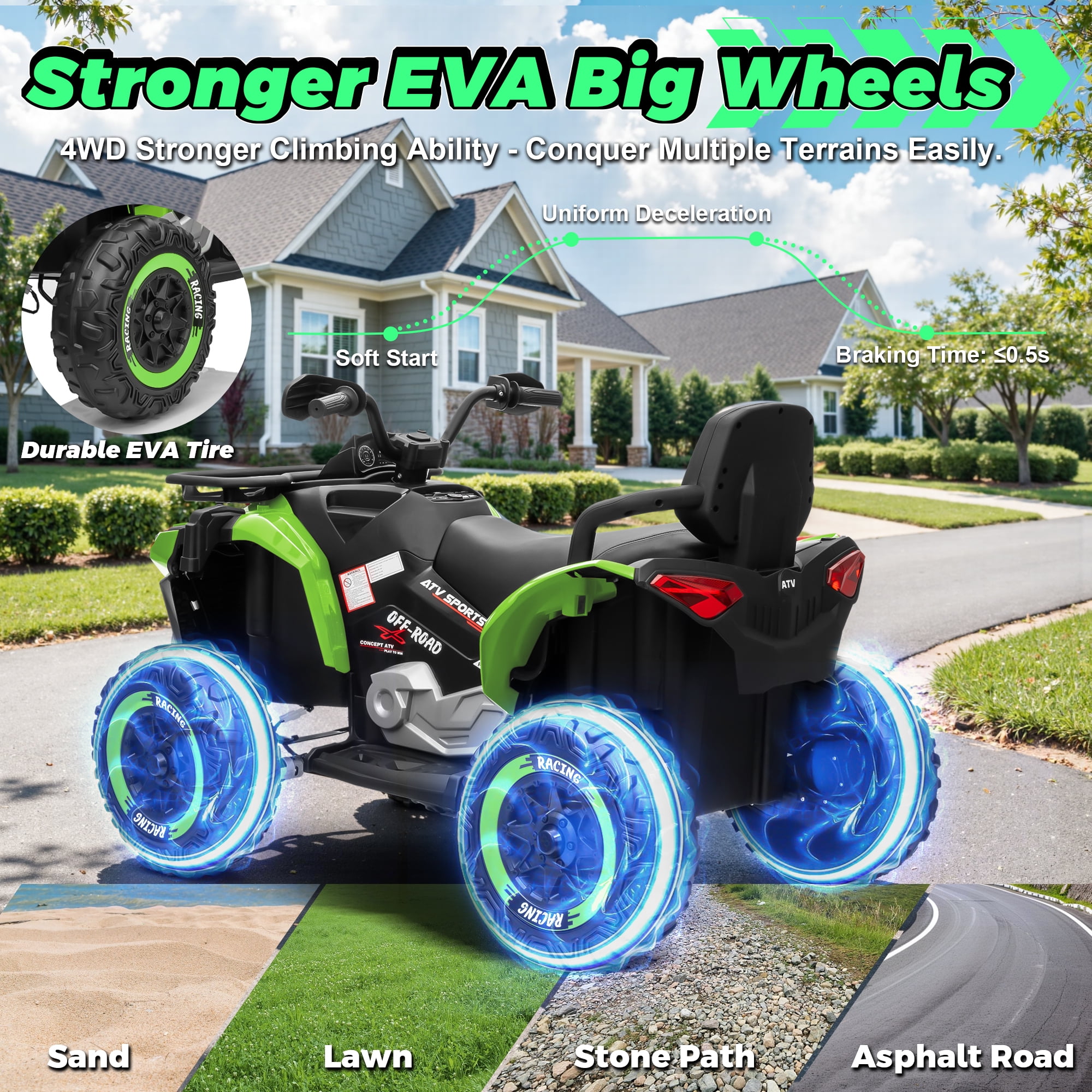 Jorfly 24V Ride on ATV Toys,Power ATV Wheels with Motor, Remote, Bluetooth Music, Horn, LED for Big Kids Gift,Green