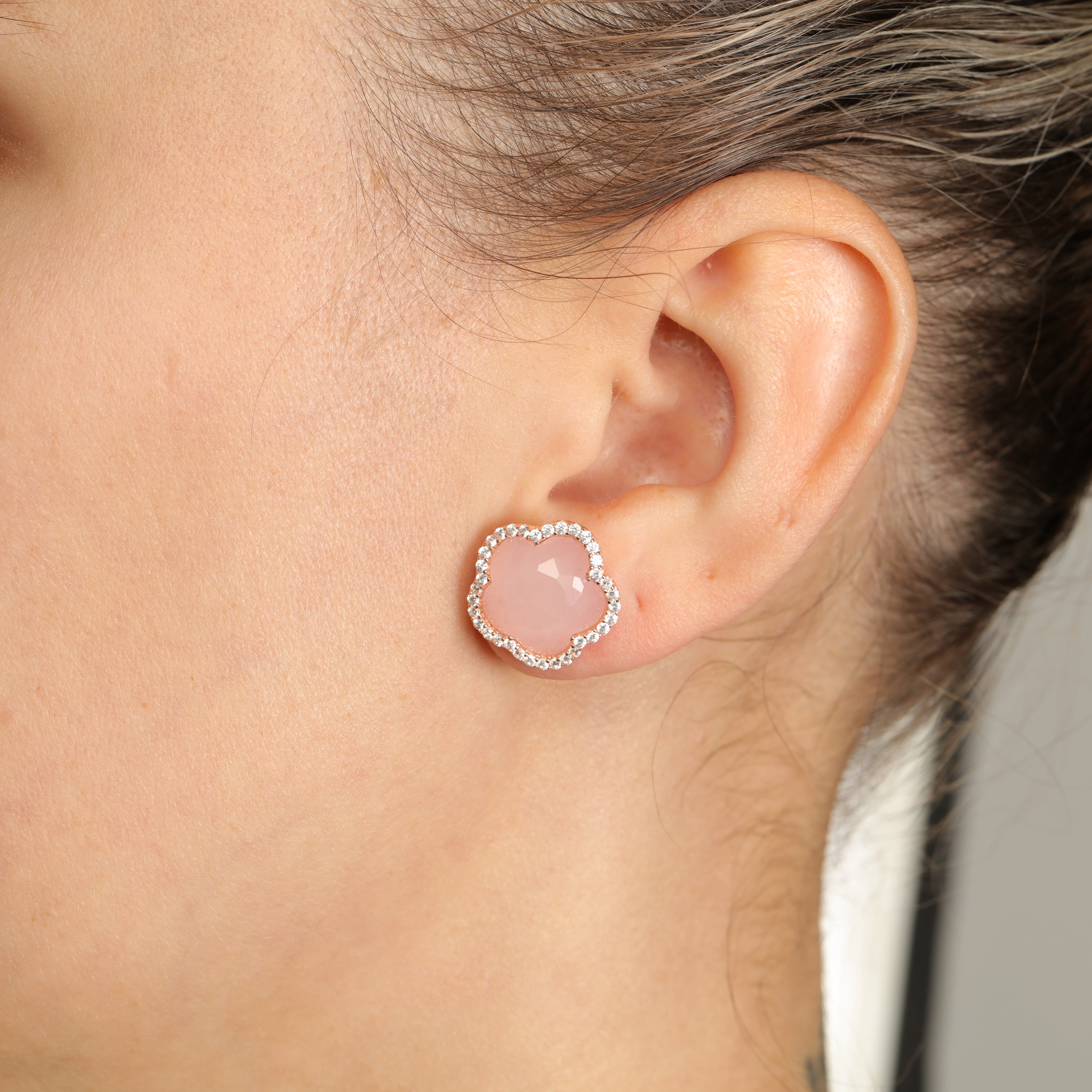 Pink Quartz and Cubic Zirconia Five Petal Flower Stud Earrings in 925 Sterling Silver with Rose Gold Plating with Friction Back by Lavari Jewelers