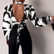 thumbnail image 4 of Puntoco mujeres Casual manga larga linterna sin espalda vendaje ahueca hacia fuera el cuello del soporte tops cortos impreso blusa adelgazante camisas Puntoco Puntoco-7516, 4 of 7