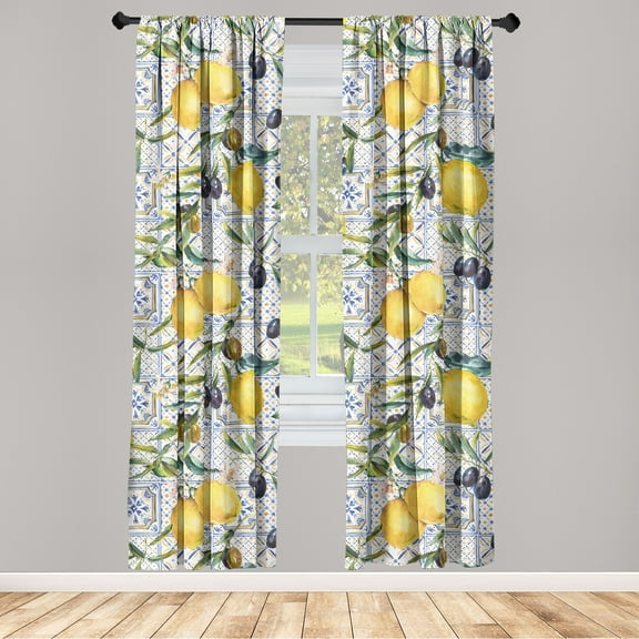 Citrus Window Curtains, Exotic Lemon and Olive Pattern with Leaves on Oriental Ornament Back, Lightweight Decor 2-Panel Set with Rod Pocket, Pair of - 28"x63", Mustard Dark Indigo White, by Ambesonne
