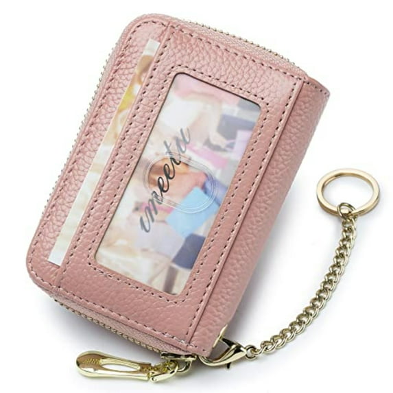 Imeetu RFID Credit Card Holder, Leather Women Card Case Wallet with Keychain ID Window, Pink