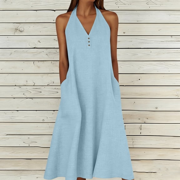 Uscallm Women's Plus Size Halter Summer Dresses Solid Casual Boho A-Line Midi Flowy Swing Vacation Beach Party Sundresses, Blue 3XL
