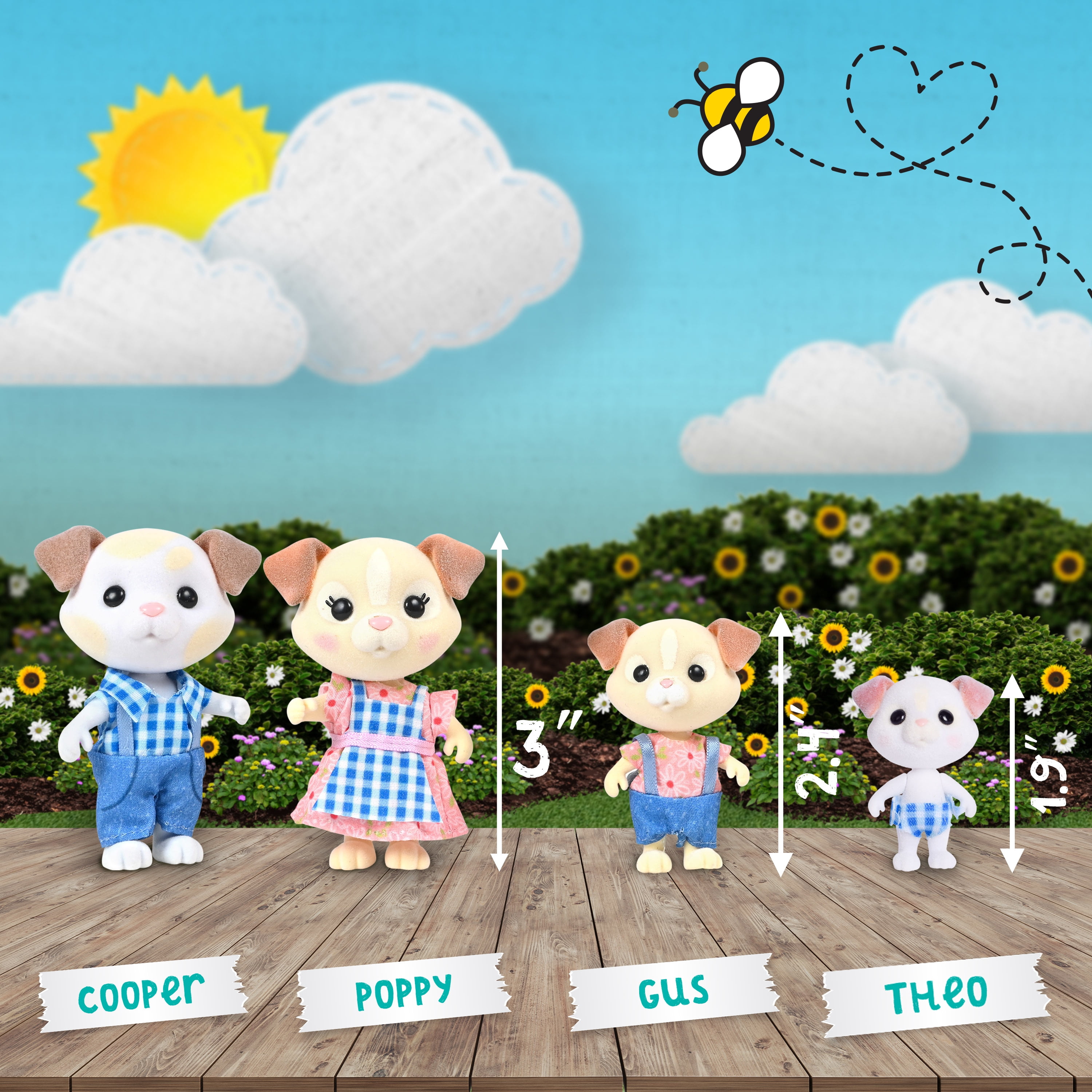 Honey Bee Acres Barksters Dog Family – Includes 4 Miniature Flocked Animal Figures with Removable Outfits – Dollhouse Toy Set for Kids Ages 3+