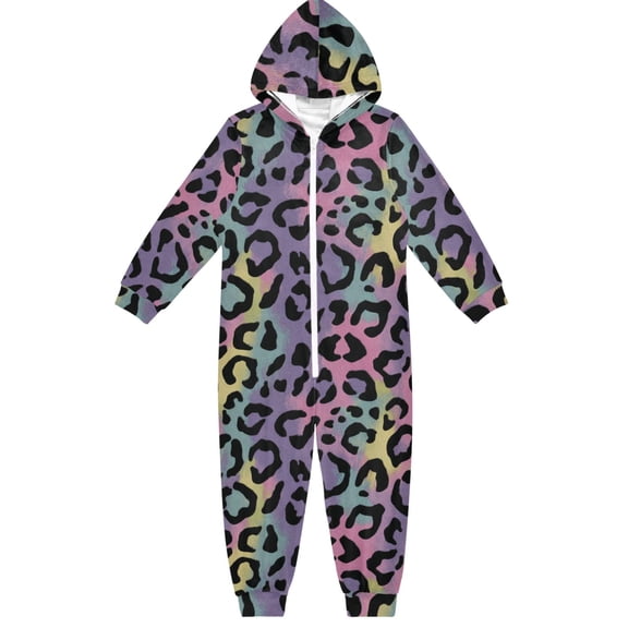 Soft Big Kids Onesie Pajamas Cozy Loose-Fit Jumpsuits for kids with Pockets for Christmas Lounge & Play Rainbow Colors Leopard Print