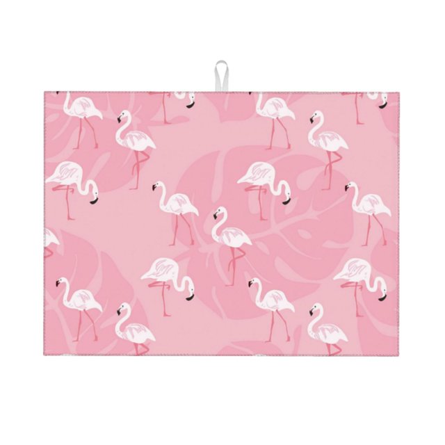 Balery Pink Flamingos and Flowers Alfombrilla de Secado para Cocina, 18x24 Pulgadas, Súper Absorbente para Platos y Encimeras