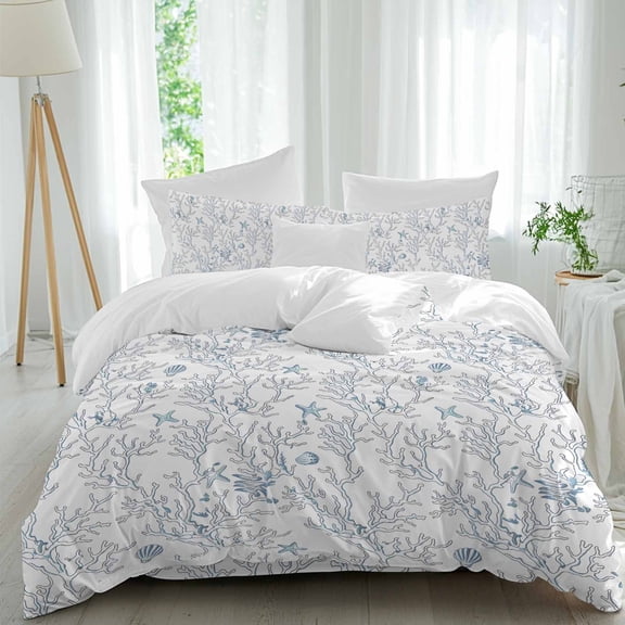 Summer Queen Size Comforter Set, Retro Ocean Shell Starfish Conch Coral Bedding for All Seasons, 4 Pcs Bed Set, 1Quiltcover (90"x92") ,1Sheet(94"x116"), 2Pillowcases (30"x20")