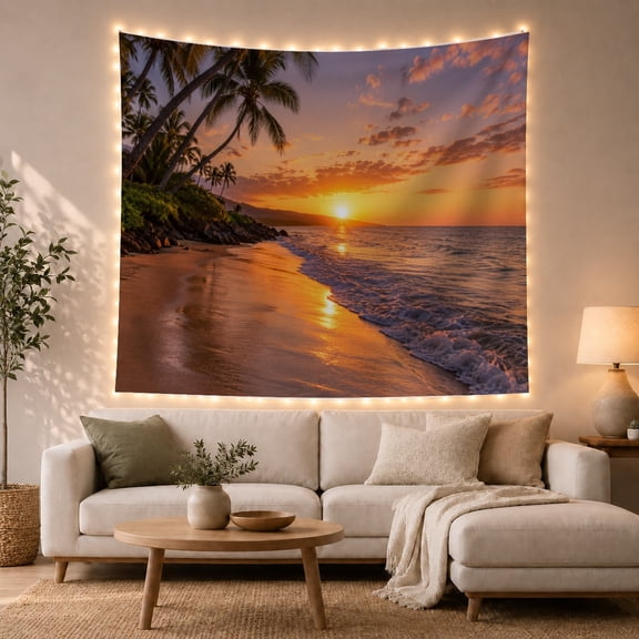 Tropical Beach Sunset Scene with Palm Trees Serene Coastal for Beach Lovers Ocean View Art Decor Housewarming Gift Tapestry Wall Hanging for Bedroom and Living Room