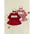 thumbnail image 3 of Miaouyo Toddler Baby Girl Christmas Velvet Dress 6 12 18 24 Months 2T 3T 4T Santa Claus Embroidery Round Neck Long Sleeves A Line Dress Bow Headband, 3 of 9