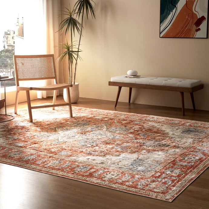 Sleep Zone 4x6 Area Rug for Bedroom, Machine Washable Area Rugs for Living Room, Low Pile Lightweight Non Slip Carpet, Vintage Rug for Dining Room, Home Office, Brick