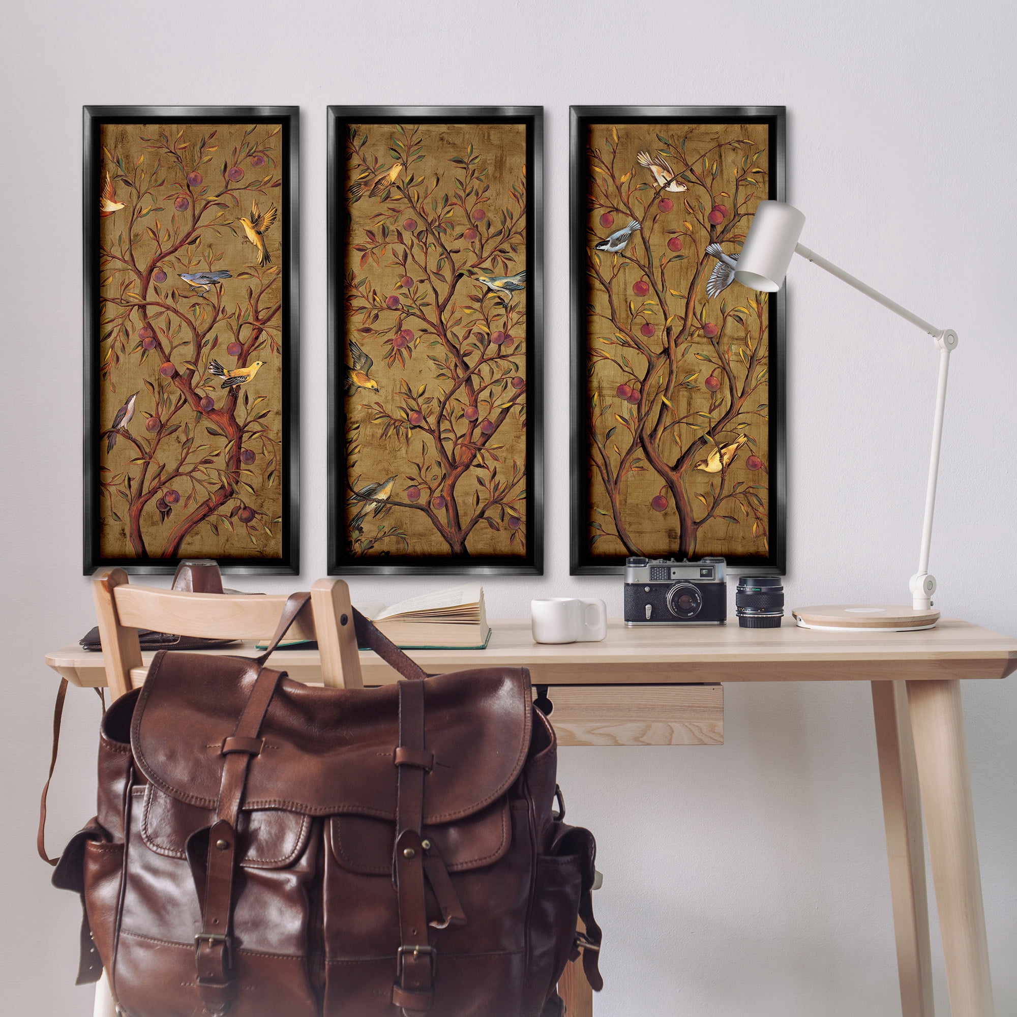 Stupell Industries Regal Plum Tree with Perched Birds Animals & Insects Painting Black Floater Framed Canvas Art Print Wall Art, 15 x 31, Set of 3
