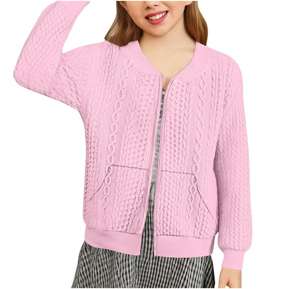 Solid Color Girls Zip Up No-Hooded Long Sleeve Round Neck Pullover Kids Jacket Coat for 5-14 Years Ribbed Textured Stretchable Casual Jacket Fashion Oversized Sweatshirt Jacket with Pockets