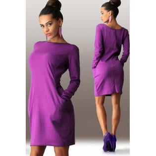 Women Solid Round Neck Doulbe Pockets Bodycon Clubwear Dress Purple