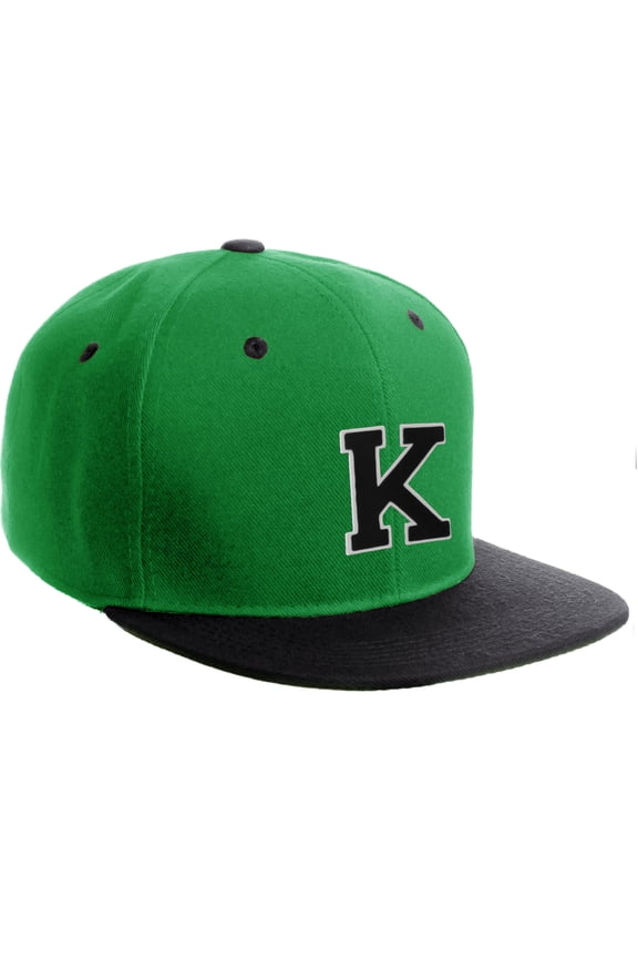 Classic Snapback Hat Custom A to Z Initial Letters, Green Black Cap White Black Letter Initial K