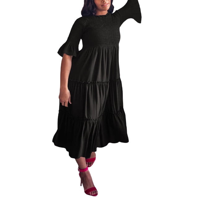Txlixc, vestido Midi informal de verano para mujer, vestido fruncido de manga corta acampanado de Color sólido, vestido holgado de línea A a la moda Txlixc Moda