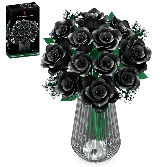 Remocguys Black Roses Bouquet Building Set Compatible with Lego Flowers Decor Gift for Adults Valentine's Day 1003 Pcs