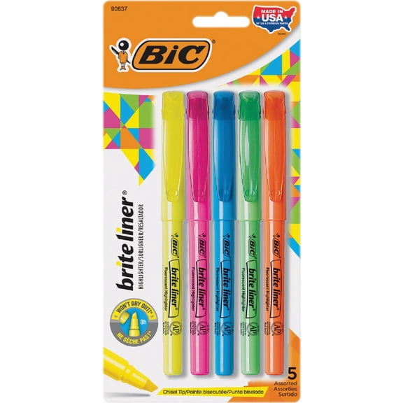 BIC Brite Liner Highlighters, Chisel Tip, Assorted Colors, 5 Count