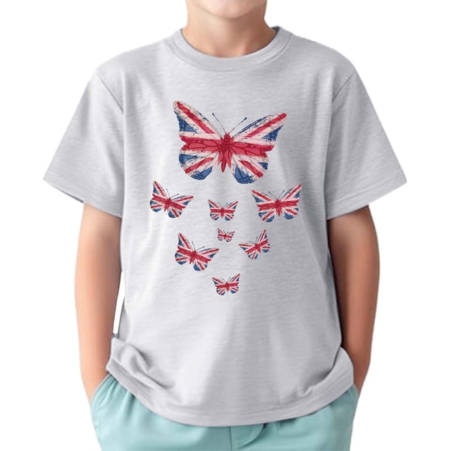 TAIAOJING T-Shirts Polyvalents Garçon Fille Imprimé Papillon Manches Courtes Col Rond T-Shirts Drapeau Élégant Coupe Décontractée Léger Usage Quotidien