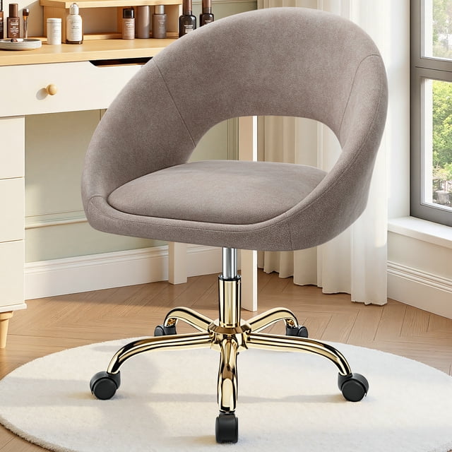 COOLHUT Chaise de Coiffeuse Moderne, Chaise de Bureau à Domicile Réglable Pivotante à 360°, avec Dossier et Roue, Chaises de Maquillage Mi-Dos avec Base Dorée, Chaise de Commode Chaise d'Ordinateur pour Chambre, Salon, Salle d'Ordinateur