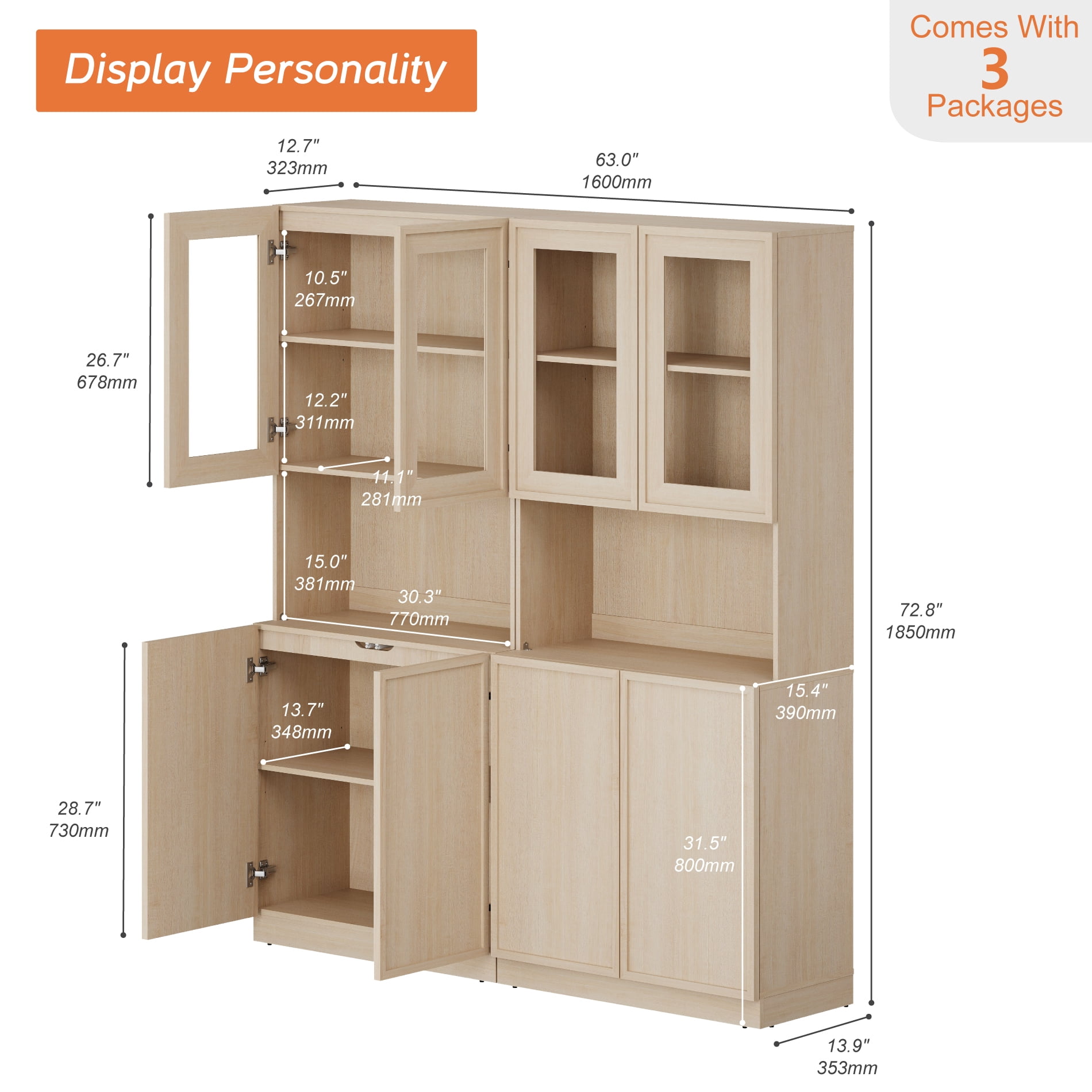 Modern 72" Tall Bookshelf with Glass Doors & Adjustable Shelves, Wood Bookcase with Closed Storage Cabinet,Beige