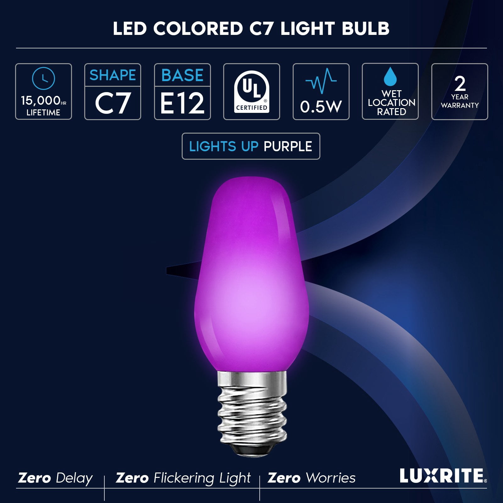 Luxrite 12-Pack C7 LED Purple Replacement Light Bulbs for String Lights 0.5W Colored Bulb Enclosed Fixture Rated UL E12 Indoor Outdoor
